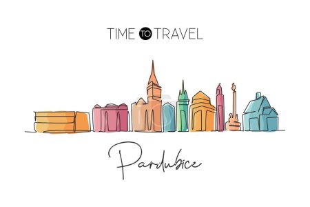 Illustration for Single continuous line drawing Pardubice city skyline, Czech Republic. Famous city scraper landscape. World travel home wall decor art poster concept. Modern one line draw design vector illustration - Royalty Free Image