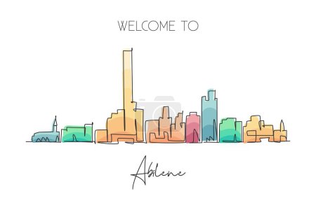 Illustration for Single continuous line drawing Abilene city skyline, Texas. Famous city scraper landscape. World travel home wall decor art poster print concept. Modern one line draw design vector illustration - Royalty Free Image