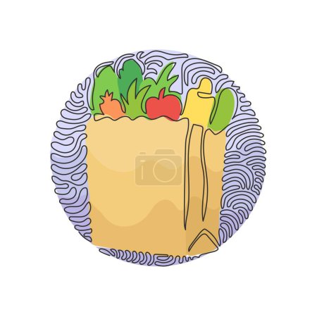 Ilustración de Una sola línea continua de dibujo bolsa de comestibles con verduras. Paquete de papel con productos. Bolso de papel en estilo de fondo de círculo de rizo giratorio. Una línea dinámica dibujar ilustración vectorial diseño gráfico - Imagen libre de derechos