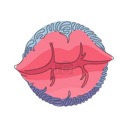 Illustration for Single one line drawing beautiful red lips. Mark left after firm kiss is placed with bright lipstick. Kiss mark emoji. Swirl curl circle background style. Continuous line draw design graphic vector - Royalty Free Image