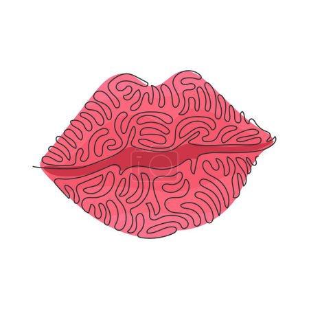 Illustration for Continuous one line drawing beautiful red lips. Mark left after firm kiss is placed with bright lipstick. Kiss mark emoji. Swirl curl style. Single line draw design vector graphic illustration - Royalty Free Image
