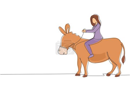 Ilustración de Una línea continua dibujando a una mujer de negocios montando burro. Mujer de negocios monta burro. Conduciendo burro. Concepto de logro de metas. Competencia empresarial. Diseño de línea única ilustración gráfica vectorial - Imagen libre de derechos