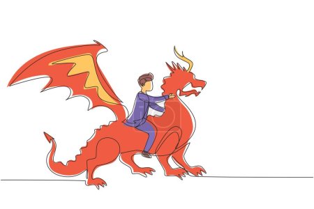 Single continuous line drawing businessman riding dragon. Conquering adversity, courage, victory, leadership in business. Professional entrepreneur. One line draw graphic design vector illustration
