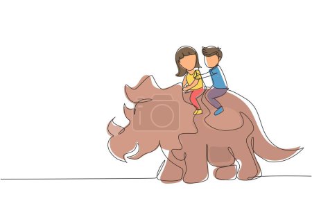 Ilustración de Una sola línea continua dibujar niño y niña cavernícola montar triceratops juntos. Niños sentados en la parte trasera del dinosaurio. Niños en edad de piedra. Vida humana antigua. Una línea dibujar vector de diseño gráfico - Imagen libre de derechos