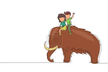 Illustration for Continuous one line drawing little boy and girl caveman riding woolly mammoth together. Kids sitting on back of mammoth. Stone age children. Ancient human life. Single line draw design vector graphic - Royalty Free Image