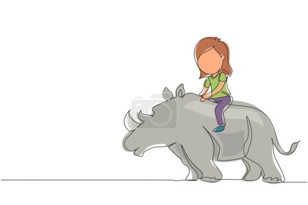 Téléchargez les illustrations : Une seule ligne dessin fille heureuse équitation rhinocéros rhinocéros. Enfant assis sur le dos rhinocéros dans le zoo. Les enfants apprennent à monter des rhinocéros. Illustration vectorielle graphique de dessin en ligne continue moderne - en licence libre de droit