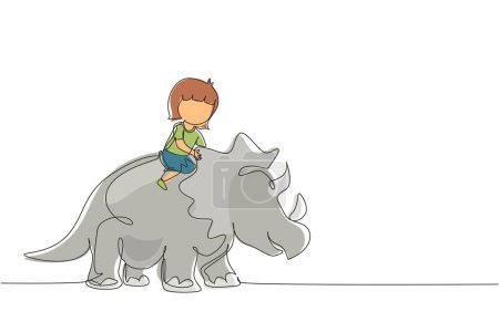 Illustration for Continuous one line drawing little girl caveman riding triceratops. Young kid sitting on back of dinosaur. Stone age children. Ancient human life. Single line draw design vector graphic illustration - Royalty Free Image