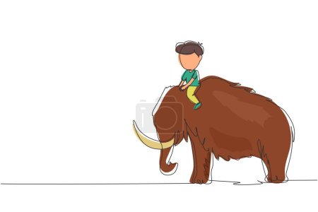 Illustration for Continuous one line drawing little boy caveman riding woolly mammoth. Young kid sitting on back of mammoth. Stone age children. Ancient human life. Single line draw design vector graphic illustration - Royalty Free Image
