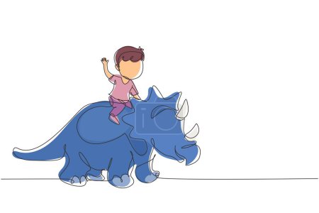 Illustration for Single one line drawing little boy caveman riding triceratops. Young kid sitting on back of dinosaur. Stone age children. Ancient human life. Continuous line draw design graphic vector illustration - Royalty Free Image