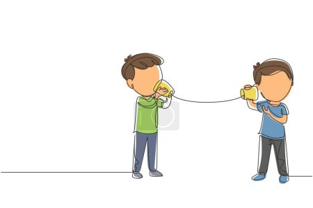 Illustration for Single continuous line drawing little boys talk using string phone. Children communicating through paper cups phone. Kids playing with can telephone. One line draw graphic design vector illustration - Royalty Free Image