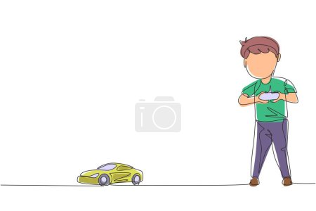 Ilustración de Una sola línea continua dibujando a un niño jugando con un coche a control remoto. Lindos niños jugando con coche de juguete electrónico con control remoto en las manos. Una línea dibujar ilustración vectorial diseño gráfico - Imagen libre de derechos