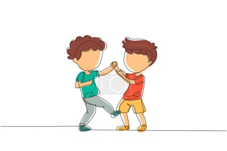 Illustration for Single one line drawing angry preschool boys kids fighting each other kicking legs. Aggressive bully kids fight. Bullying children. Childhood aggression violence. Continuous line design graphic vector - Royalty Free Image