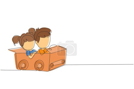 Illustration for Single one line drawing boy and girl driving with cardboard car. Happy child ride on toy car made of cardboard. Creative kids plays with her cardboard car. Continuous line draw design graphic vector - Royalty Free Image