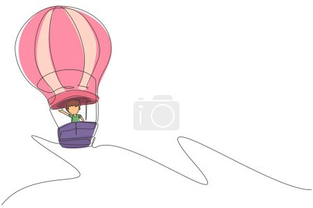 Illustration for Single one line drawing little boy aeronaut in hot-air balloon at sky. Happy kids riding hot air balloon. Children on hot air balloon adventure. Continuous line draw design graphic vector illustration - Royalty Free Image