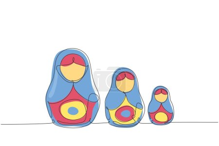 Illustration for Continuous one line drawing matryoshka russian nesting dolls of different sizes, souvenir from Russia. Traditional Russian matryoshka dolls souvenir. Single line design vector graphic illustration - Royalty Free Image