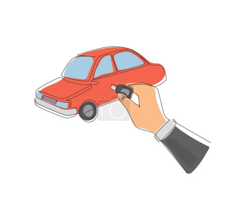 Illustration for Single continuous line drawing hand turning the key in the hole on the car door. Man uses key to open the new vehicle. Automobile rental. Dynamic one line draw graphic design vector illustration - Royalty Free Image