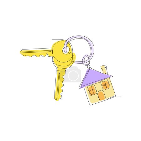 Illustration for Single continuous line drawing keychain with key ring, two keys and a pendant house locket. Key chain with house with locket vector icon. Dynamic one line draw graphic design vector illustration - Royalty Free Image