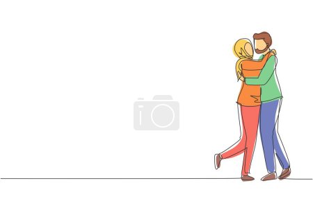 Ilustración de Una línea continua dibujando amante pareja árabe besándose y abrazándose. Pareja de amantes besándose y tomándose de la mano. Feliz hombre y mujer celebrando el aniversario de boda. Una línea dibujar vector de diseño gráfico - Imagen libre de derechos
