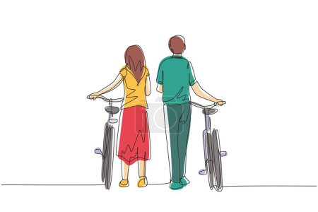 Ilustración de Una sola línea continua dibujo vista trasera pareja hombre y mujer caminando junto con la bicicleta. Muchacho y chica enamorados. Feliz pareja romántica casada. Una línea dibujar ilustración vectorial diseño gráfico - Imagen libre de derechos