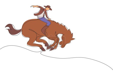 Illustration for Single one line drawing cowboy taming wild horse at rodeo. cowboy on wild horse mustang. Rodeo cowboy riding wild horse on wooden sign. Modern continuous line draw design graphic vector illustration - Royalty Free Image