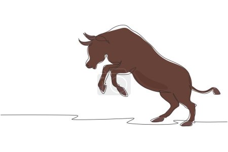 Ilustración de Una sola línea de dibujo Agresión ataque toro salvaje. El toro está lleno de energía. El búfalo grande se levanta antes de correr. Toro enojado en la arena del rodeo. Dibujo de línea continua diseño gráfico vector ilustración - Imagen libre de derechos