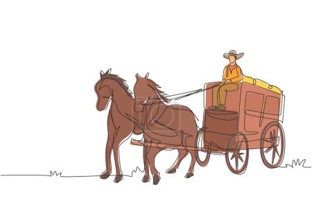 Illustration for Continuous one line drawing old wild west horse-drawn carriage with coach. Vintage Western Stagecoach with horses. Wild west covered wagons in desert. Single line design vector graphic illustration - Royalty Free Image