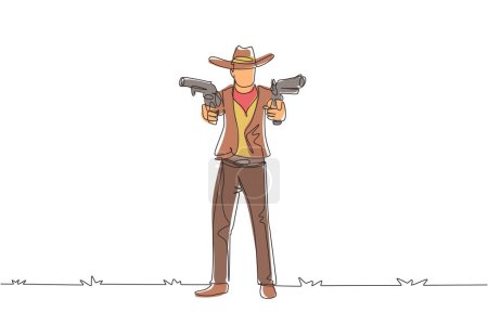 Illustration for Continuous one line drawing wild west gunslinger holding two guns. American cowboys aiming two pistols in the desert. Weapons for self-defense. Single line draw design vector graphic illustration - Royalty Free Image
