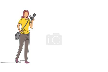 Illustration for Single one line drawing woman paparazzi or journalist occupation, standing with digital camera and sling bag. Professional photographer taking pictures. Continuous line draw design vector illustration - Royalty Free Image
