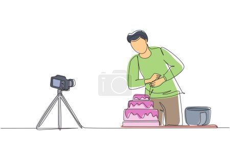 Illustration for Single continuous line drawing influencer or food blogger creating content. Man shooting cooking video using camera on tripod. Chef baking and decorating cake at kitchen. One line draw design vector - Royalty Free Image