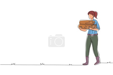 Téléchargez les illustrations : Continu une ligne dessin femme forte bûcheron avec en chemise à carreaux, jeans et bottes, tenant pile de bois de chauffage dans les mains. Femme bûcheron, ouvrière forestière. Graphisme vectoriel de dessin à ligne unique - en licence libre de droit