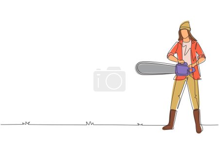 Eine kontinuierliche Linie zeichnet eine Arbeiterin mit der Kettensäge. Er trägt Hosenträgerhemd, Jeans, Mütze und Stiefel. Professionelle Holzfäller stellen sich beim Baumfällen mit der Kettensäge. Einzeiliger Zeichnungsvektor
