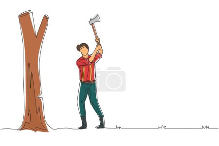 Ilustración de Una sola línea continua dibujando leñador con un hacha cortando madera. Árbol cortador de madera con hacha. Usando camisa, jeans y botas. El hombre con hacha en las manos corta el árbol. Una línea dibujar vector de diseño - Imagen libre de derechos