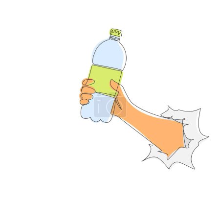 Illustration for Single one line drawing hand holding plastic bottle of pure drinking water refreshing, splash through torn white paper. Hungry and thirsty concept for good health. Continuous line draw design vector - Royalty Free Image