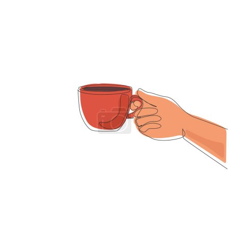 Illustration for Continuous one line drawing hand holding hot coffee cup with steam, business person want to drink coffee, break morning time banner concept, elegant icon. Single line draw design vector illustration - Royalty Free Image