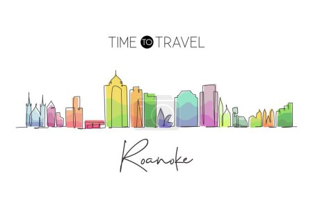Illustration for Single one line drawing Roanoke city skyline, Virginia. Historical town landscape in world. Best holiday destination wall decor. Editable stroke trendy continuous line draw design vector illustration - Royalty Free Image