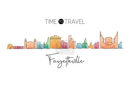Illustration for Continuous one line drawing Fayetteville city skyline, Arkansas. World historical town landscape. Best holiday destination postcard print. Editable stroke trendy Single line draw design vector graphic - Royalty Free Image