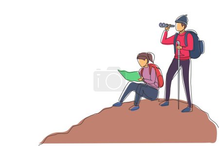 Illustration for Continuous one line drawing couple man woman hikers with backpacks, binocular, and hiking gear reading route map. Looking for direction, trekking location. Single line draw design vector illustration - Royalty Free Image