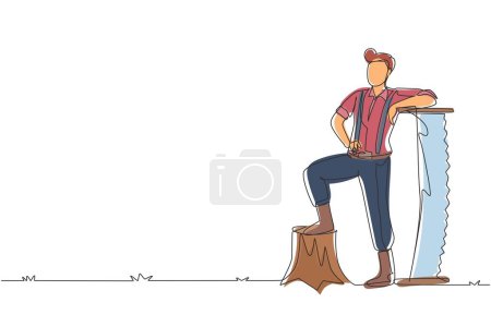 Illustration for Single continuous line drawing smiling lumberjack man wearing suspender shirt, standing with steel two man saw, posing with one foot on a tree stump. One line draw graphic design vector illustration - Royalty Free Image