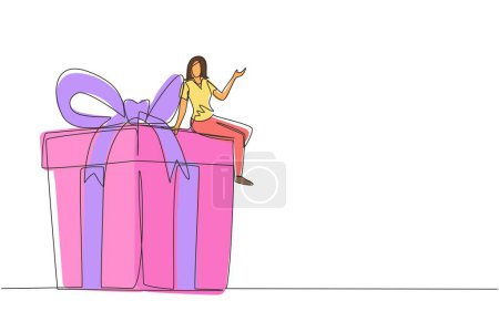 Eine durchgehende Linie zeichnet eine Geschäftsfrau, die auf einer großen Geschenkbox sitzt. Großes aktuelles Konzept. Weibchen sitzen auf großer Kiste mit Geschenk. Glücklicher Mensch bekommt Riesengeschenk. Eine Linie zeichnen Design-Vektor-Illustration
