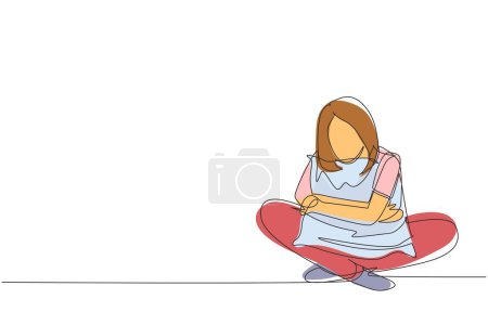 Téléchargez les illustrations : Une seule ligne dessin femme assise et étreignant oreiller avec sensation de chaleur. Restez à la maison campagne. Prévention du virus Corona. Détente et temps de dormir. Illustration vectorielle de dessin en ligne continue - en licence libre de droit