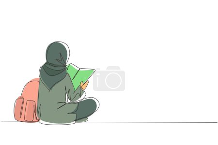 Téléchargez les illustrations : Ligne continue simple dessin vue de retour jeune femme arabe assis sur le livre de lecture par terre. Étudiant se prépare à l'examen, retour à l'école d'acquérir des connaissances. Illustration vectorielle de dessin à une ligne - en licence libre de droit
