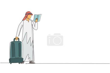 Illustration for Single one line drawing Arabian man reading textbook. Male student standing with open book in hands and suitcase. Enthusiastic reader for educational. Continuous line draw design vector illustration - Royalty Free Image