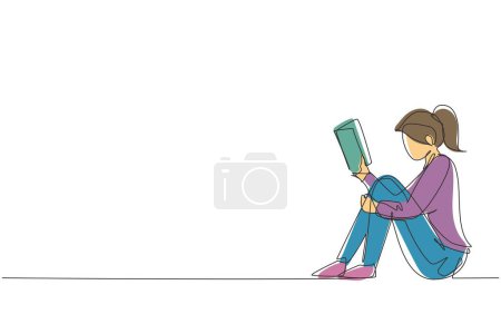 Una sola línea continua dibujando a una joven sentada en el suelo, leyendo un libro. Leyendo, estudiando. A las chicas les encanta leer literatura. Educación, concepto de biblioteca. Ilustración dinámica del vector de diseño de un dibujo de línea