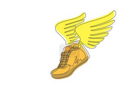 Ilustración de Zapatillas de correr continuas de una línea con alas aisladas. Elemento de plantilla de diseño vintage estilizado y minimalista para impresión, etiqueta, insignia u otro símbolo. Dibujo de línea única diseño vector gráfico - Imagen libre de derechos