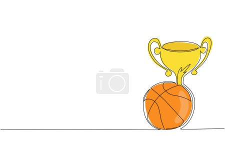 Illustration for Single one line drawing trophy and basketball ball. Champion cup icon with basketball. Championship trophy. Sport tournament award, winner cup and victory concept. Continuous line draw design vector - Royalty Free Image