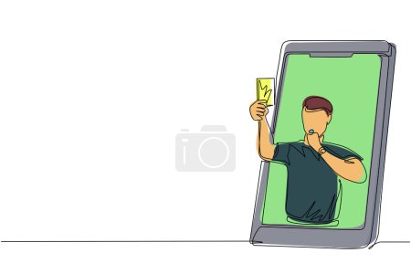 Illustration for Continuous one line drawing soccer referee showing yellow card out of smartphone screen. Smartphone with app soccer football. Mobile sports stream championship to play. Single line draw design vector - Royalty Free Image