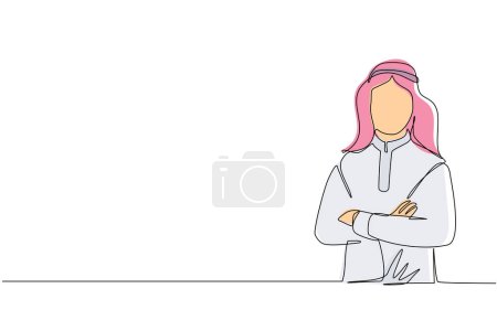 Illustration for Single continuous line drawing smiling confident Arabian man in traditional clothes, keeping arms crossed. Active businessman standing with folded arms pose. One line draw design vector illustration - Royalty Free Image