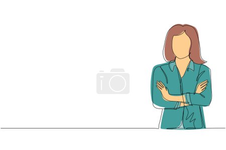Illustration for Single one line drawing young businesswoman standing with folded arms. Smiling beautiful female in casual clothes with arms crossed standing isolated. Modern continuous line draw design graphic vector - Royalty Free Image