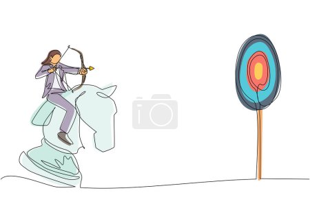 Ilustración de Continuo dibujo de una línea joven empresaria sosteniendo tiro con arco apuntando objetivo mientras monta pieza de caballero de ajedrez, concepto estratégico. Gerente de negocios exitoso. Ilustración vectorial de diseño de línea única - Imagen libre de derechos
