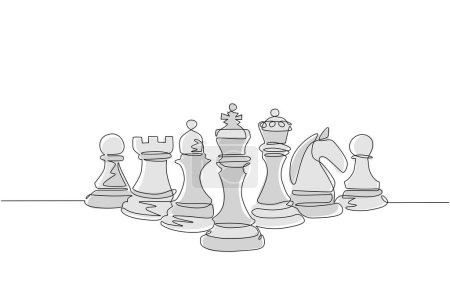 Single one line drawing chess pieces aligned, luxury hand drawn or engraving. King, Queen, Bishop, Knight, Rook, Pawn. Leader success concept. Continuous line draw design graphic vector illustration